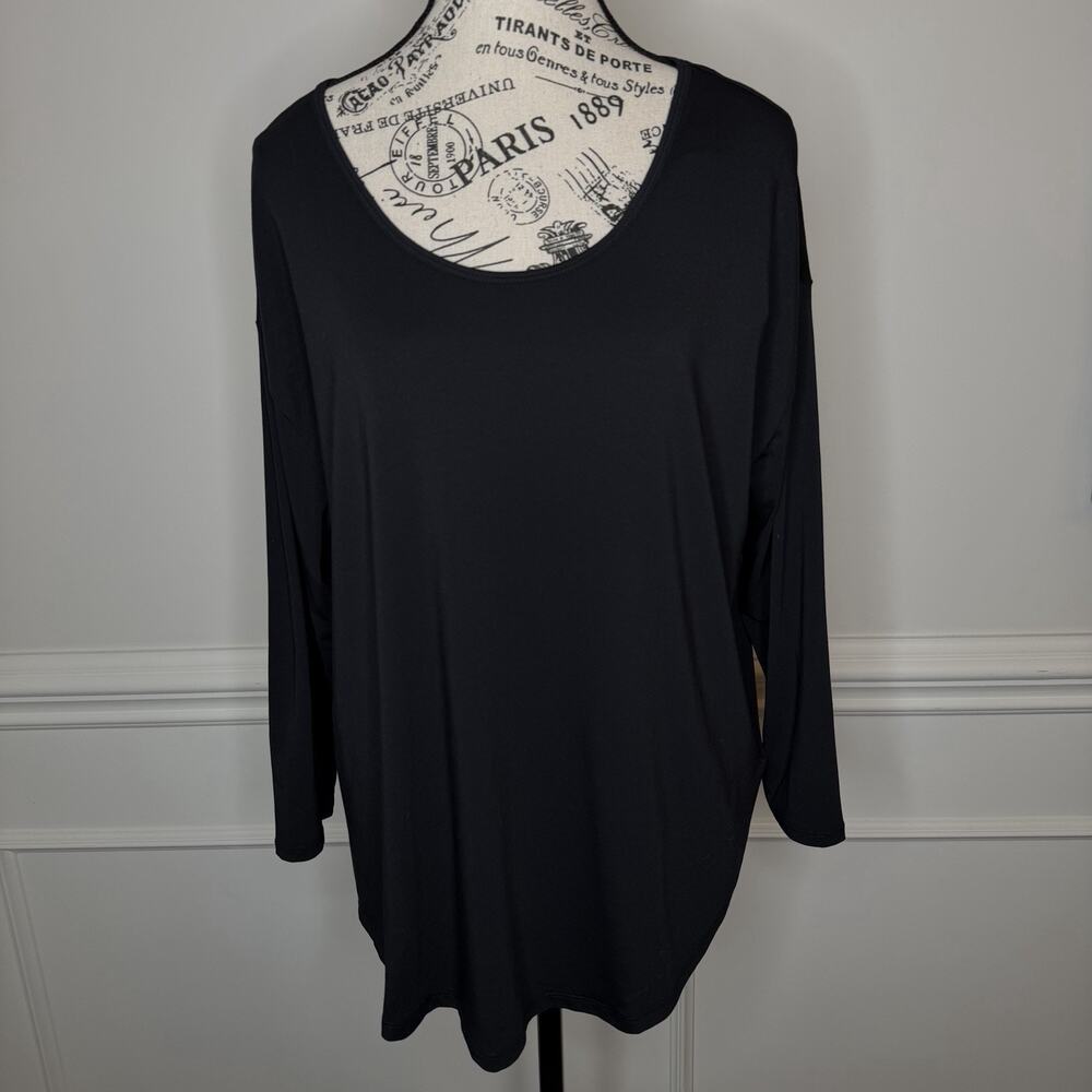 Lands’ End Women’s Plain Black T-Shirt Size Large 3/4 Sleeves Scoop Neck Stretch